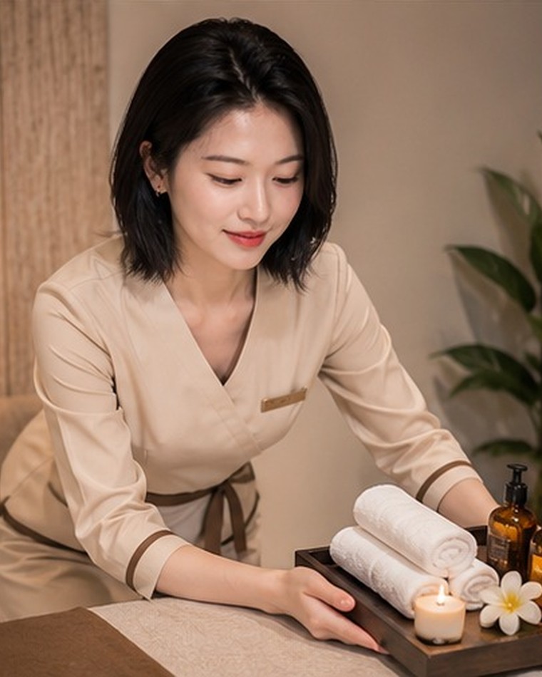 서울 출장마사지 관리 전 오일과 타월을 준비하는 모습